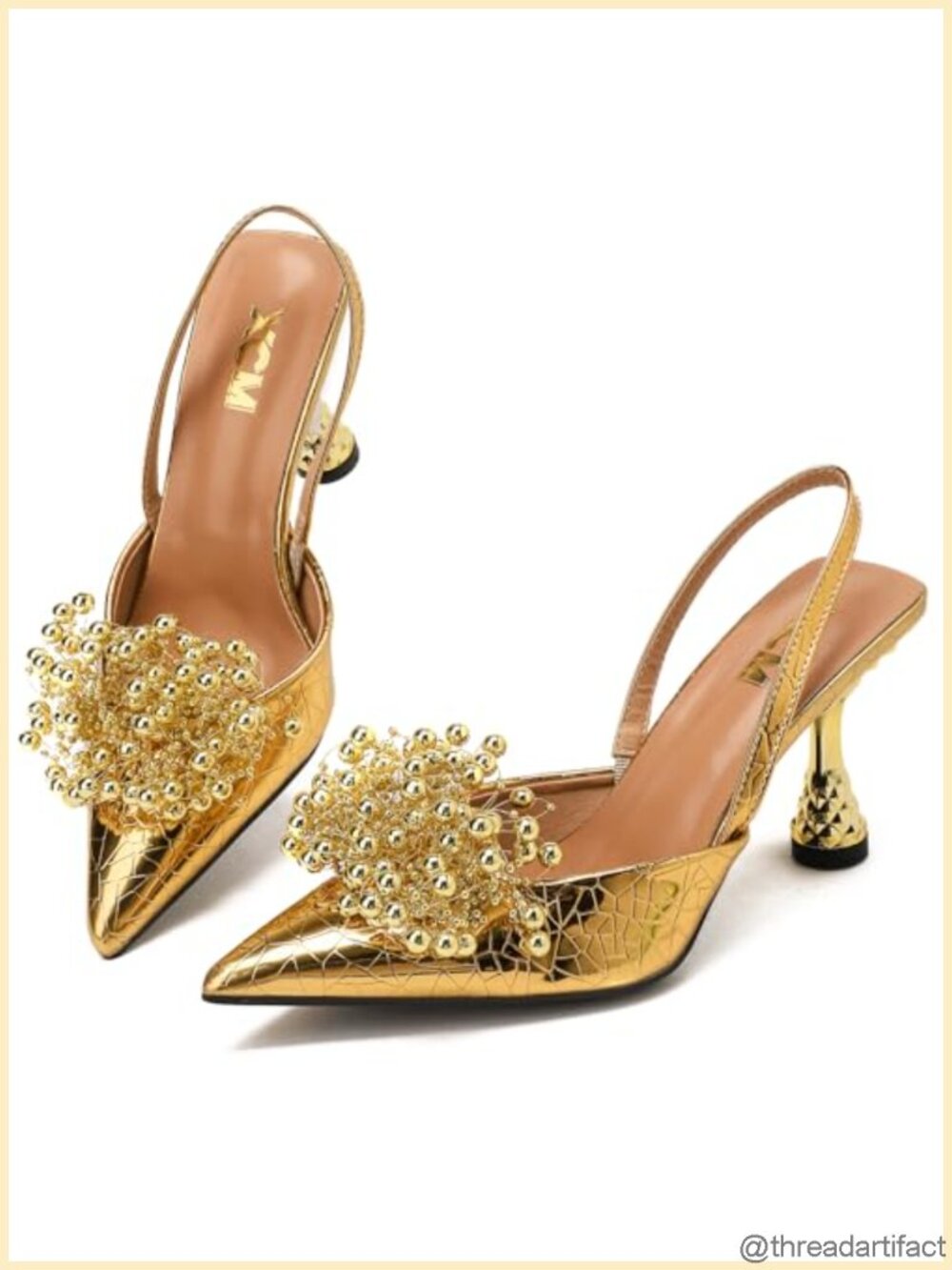 Pointed Toe Slingback Pumps Beaded Cluster Sculpted Block Heel Formal Dress
